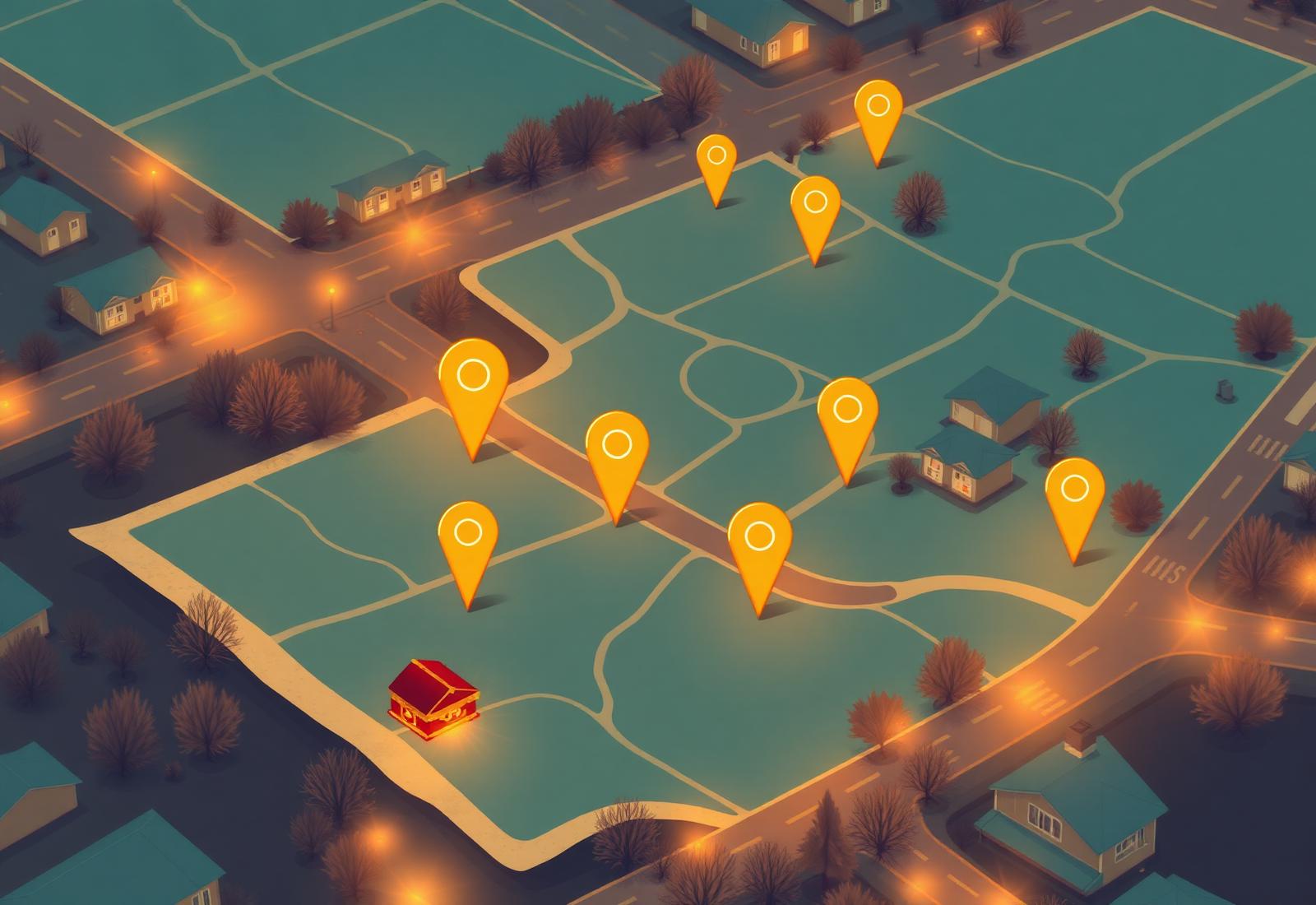 Illustrated map of an Oklahoma City neighborhood with glowing treasure pins